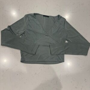 Saints 21 Womens Long Sleeve Crop Top Sage Green V-Neck Shimmer Textured Small